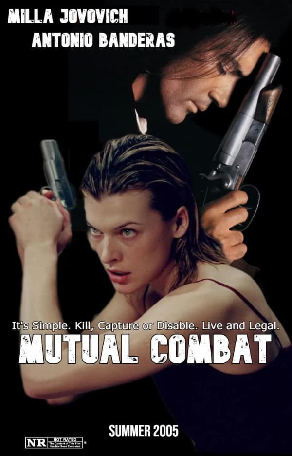 action style parody movie poster titled "MUTUAL COMBAT" stars actors Milla Jovovich and Antonio Banderas leaning back-to-back while wielding large handguns against a stark black background.