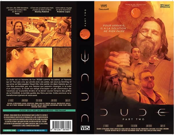A fictional VHS jacket mashup titled "DUDE PART TWO" blends The Big Lebowski with Denis Villeneuve's Dune, featuring Jeff Bridges wearing a stillsuit water tube alongside John Goodman holding a handgun against a desert backdrop.