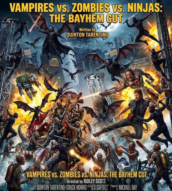 A wildly overcrowded grindhouse action parody movie poster titled "VAMPIRES vs. ZOMBIES vs. NINJAS: THE BAYHEM CUT," written by Quinton Tarantino and directed by Ridley Scott, showing an absolute explosion of chainsaw-wielding warriors, flying bats, and Chuck Norris.