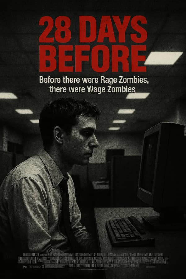 A grim corporate satire funny fake movie poster titled "28 DAYS BEFORE" parodies the classic zombie film with a bleak shot of an exhausted office worker staring into a retro CRT monitor inside a dark cubicle, under the tagline "Before there were Rage Zombies, there were Wage Zombies."