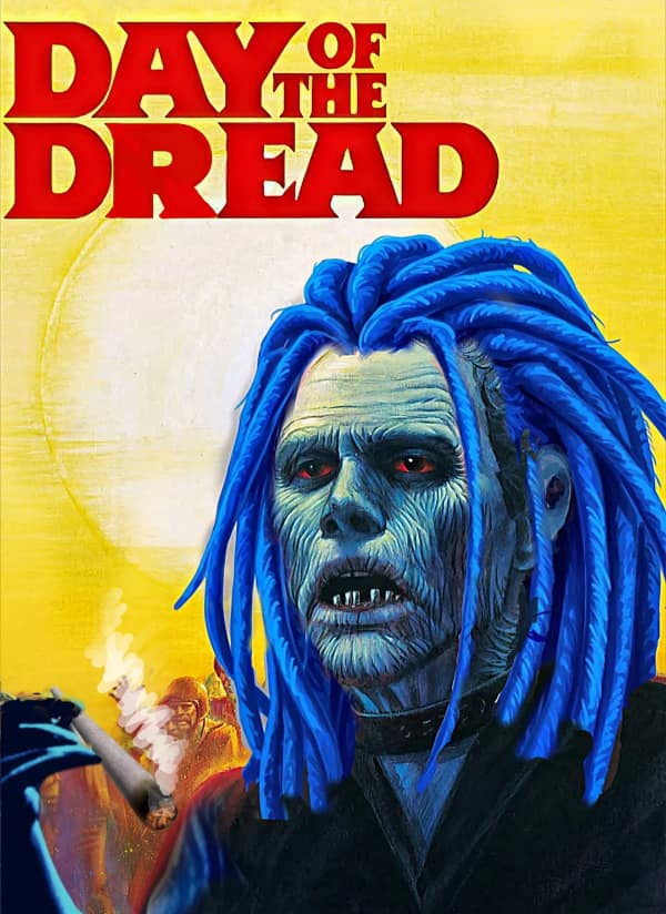 A horror-themed funny fake movie poster titled "DAY OF THE DREAD" redesigns George A. Romero's classic zombie artwork, painting a decayed ghoul with bright neon-blue dreadlocks while holding a smoking, oversized hand-rolled joint.