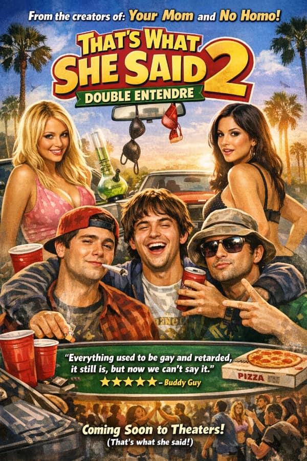 A trashy mid-2000s teen comedy style funny fake movie poster titled "THAT'S WHAT SHE SAID 2: DOUBLE ENTENDRE" showcases three college-aged stoners partying at a tailgate with red solo cups and a glass bong under crude satirical taglines.