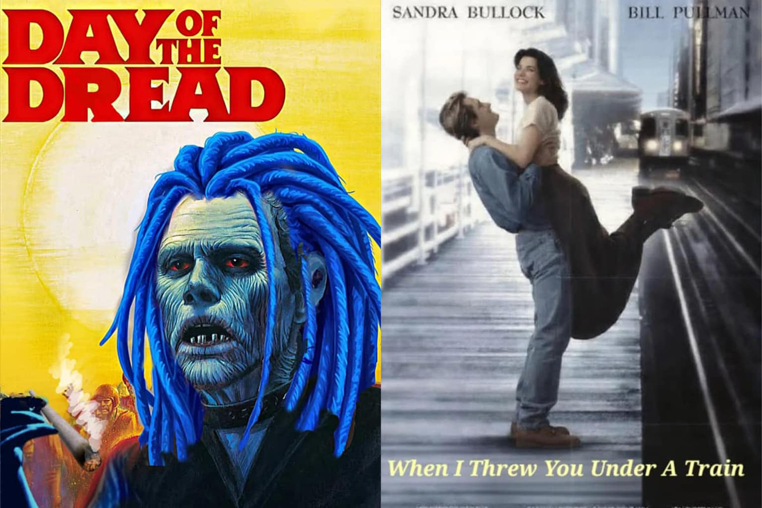 A funny fake movie posters compilation showcasing internet parody culture, highlighted by Bruce Willis sporting a massive blowout hairstyle while holding a Revlon hair dryer in "DRY HARD," a bleak office cubicle mock-up titled "28 DAYS BEFORE," and an unhinged Sci-Fi mashup blending The Big Lebowski with Dune titled "DUDE PART TWO."