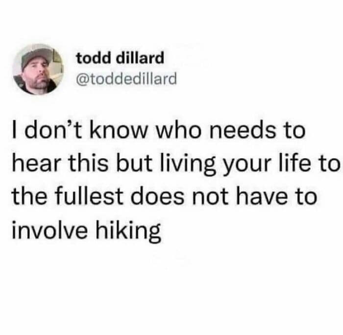 A text-based funny hiking meme featuring a tweet by Todd Dillard validating anti-hiking sentiment by stating that living life to the fullest does not have to involve walking up mountains.