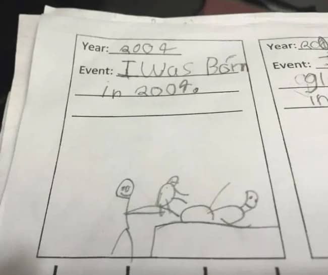 Funny child homework drawing detailing the literal historical event of being born in 2004.