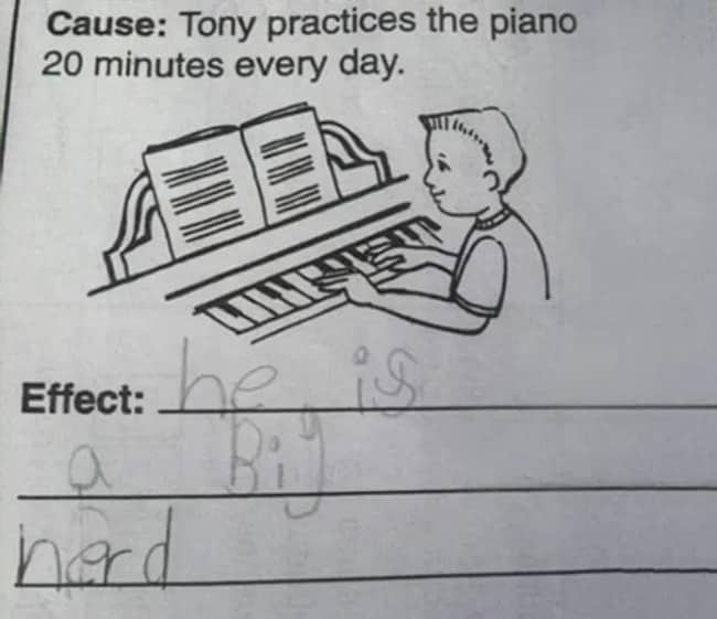 Elementary school worksheet calling piano practice a cause that makes someone a big nerd.