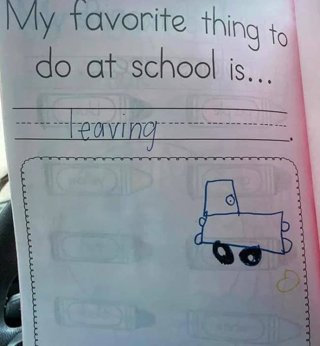 Hilarious school assignment where a young student writes leaving as their favorite activity.