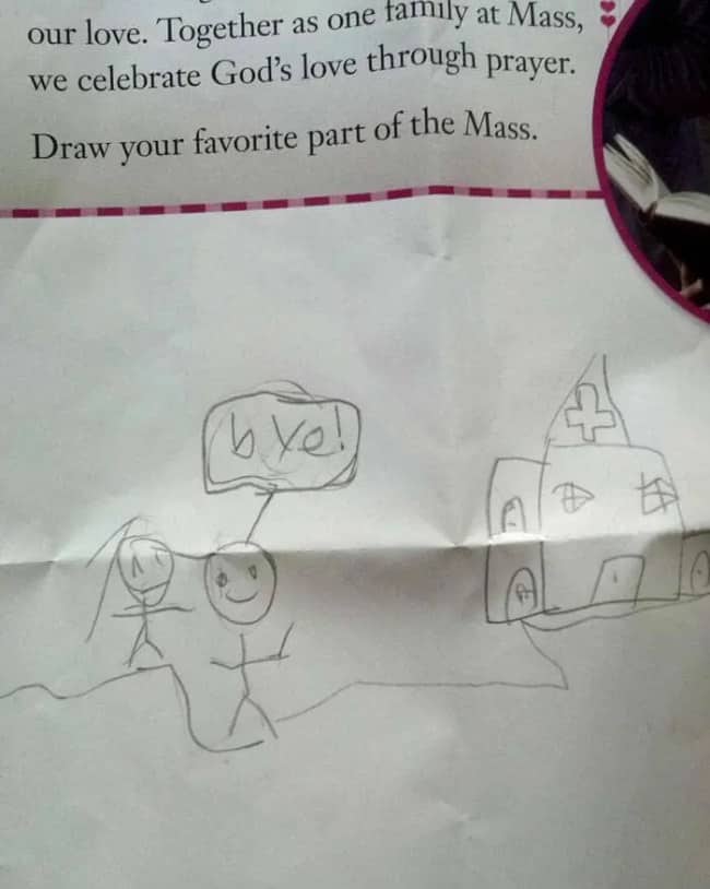 Religious education worksheet showing a kid drawing leaving the church as their favorite part.