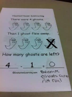 Haunted house math worksheet where a kid solves a subtraction problem using ghost reality.