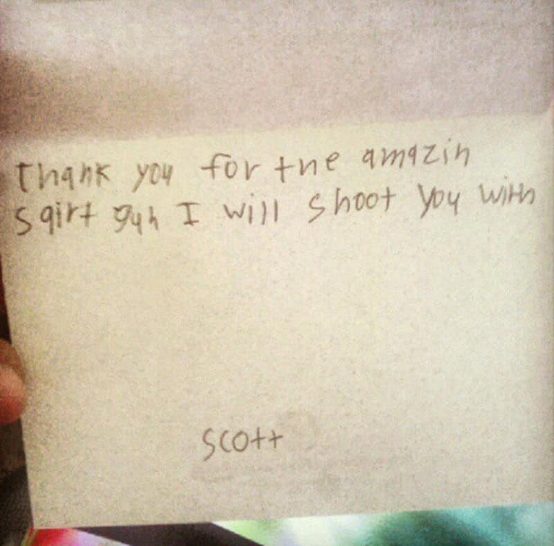 A funny kids note from Scott offering a high-octane thank you for an "amazin sqirt gun," immediately followed by the ominous, penciled-in promise: "I will shoot you with [it]."
