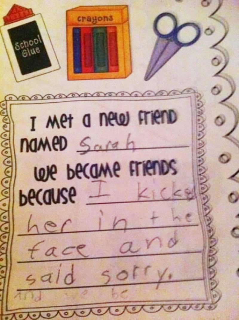 A funny kids note written on school-themed paper explaining a new friendship with Sarah that began because the author "kicked her in the face and said sorry."