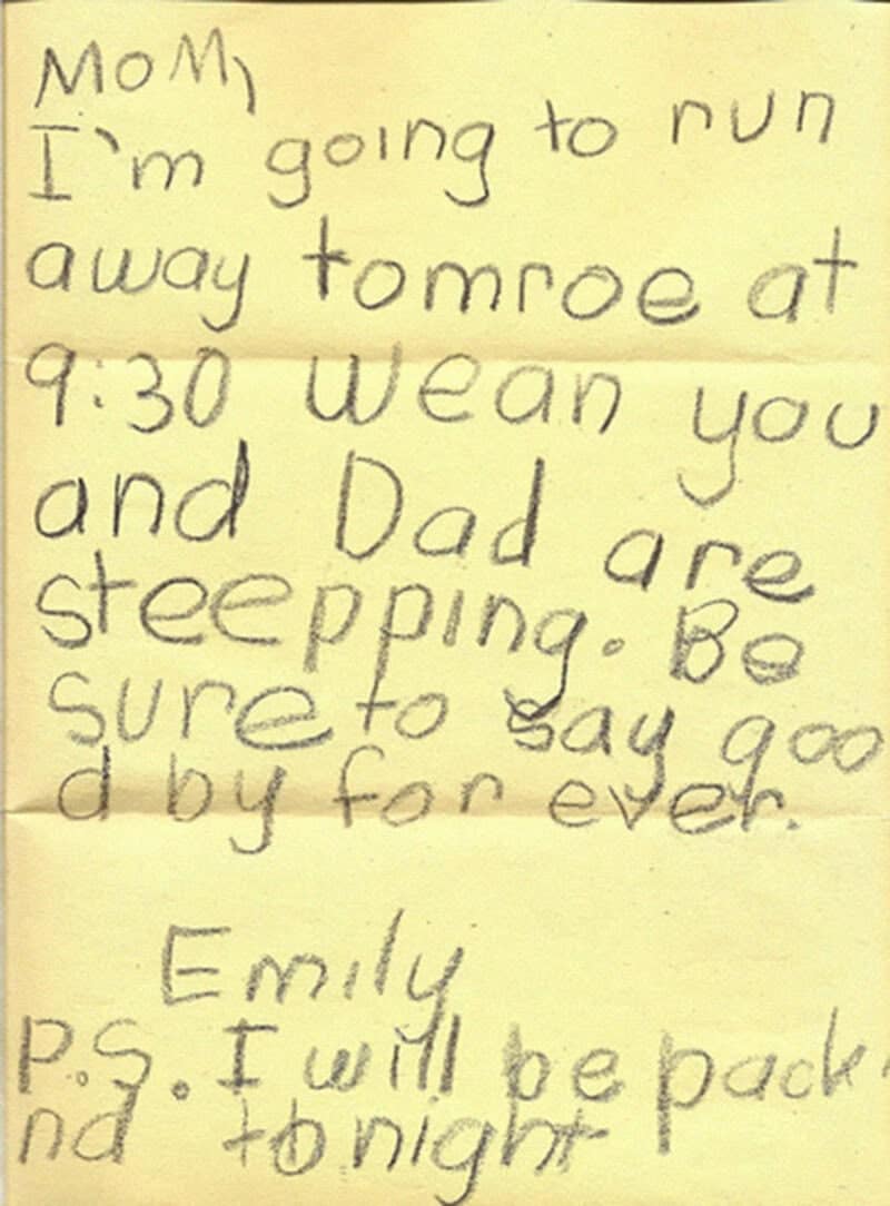 A detailed run-away plan from Emily, scheduled for 9:30 while her parents are "steepping" (sleeping), ending with an instruction to "say good by for ever."