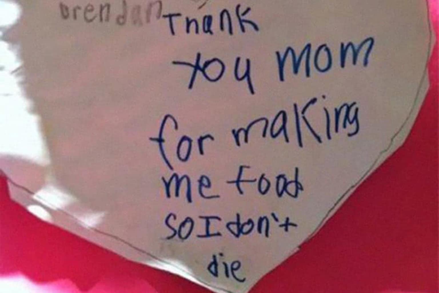 Funny kids notes gallery capturing the peak of childhood melodrama and unfiltered honesty, featuring a daughter’s threat to punch a "different mom" in the face, a morning greeting noting that "assassins have failed," and a heart-shaped thank-you note for food provided "so I don't die."