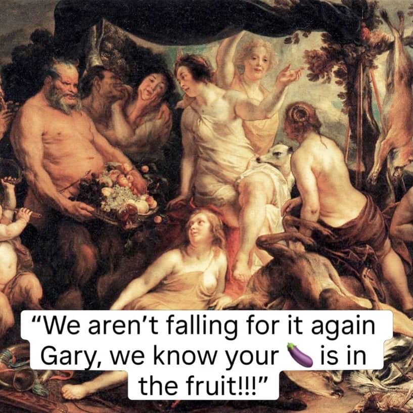 Classical painting meme with a humorous caption about hiding an eggplant emoji inside a fruit basket.