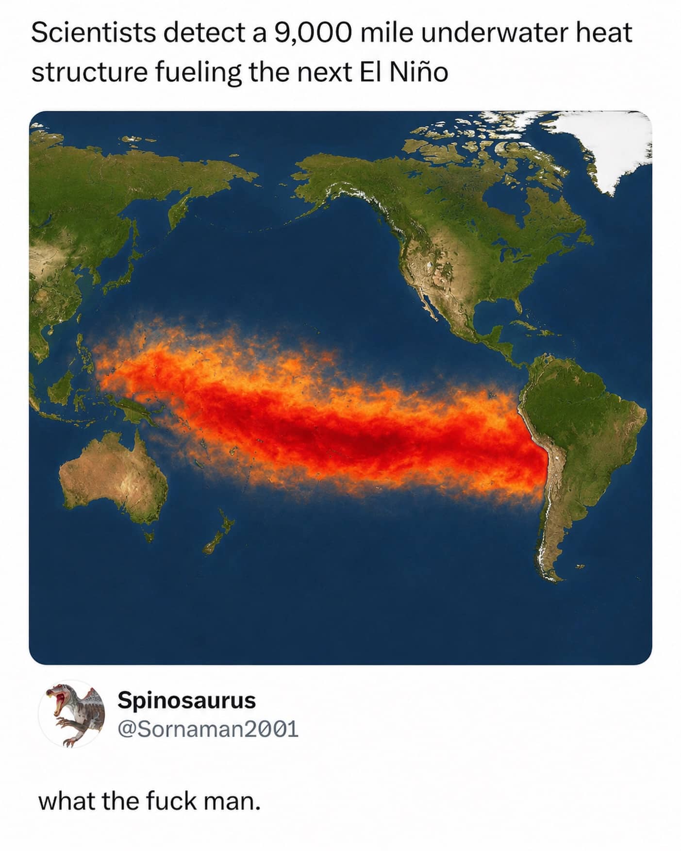 Funny climate meme showing a massive underwater heat structure in the Pacific Ocean fueling El Niño.