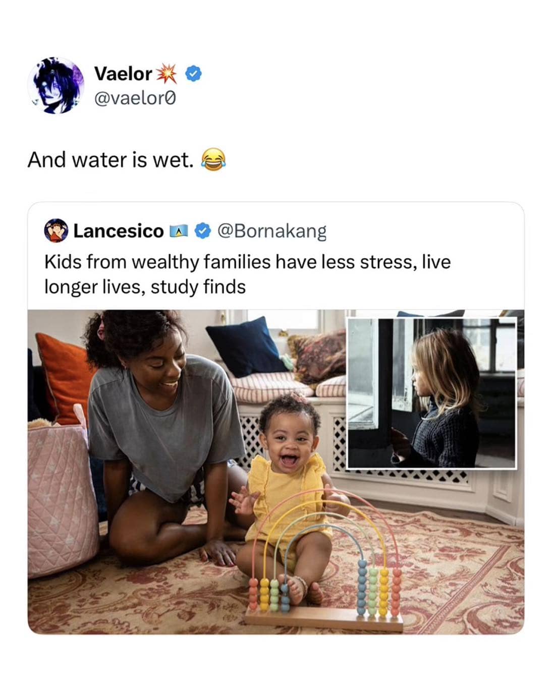 umorous tweet with an obvious comment about a study finding wealthy kids live with less stress.