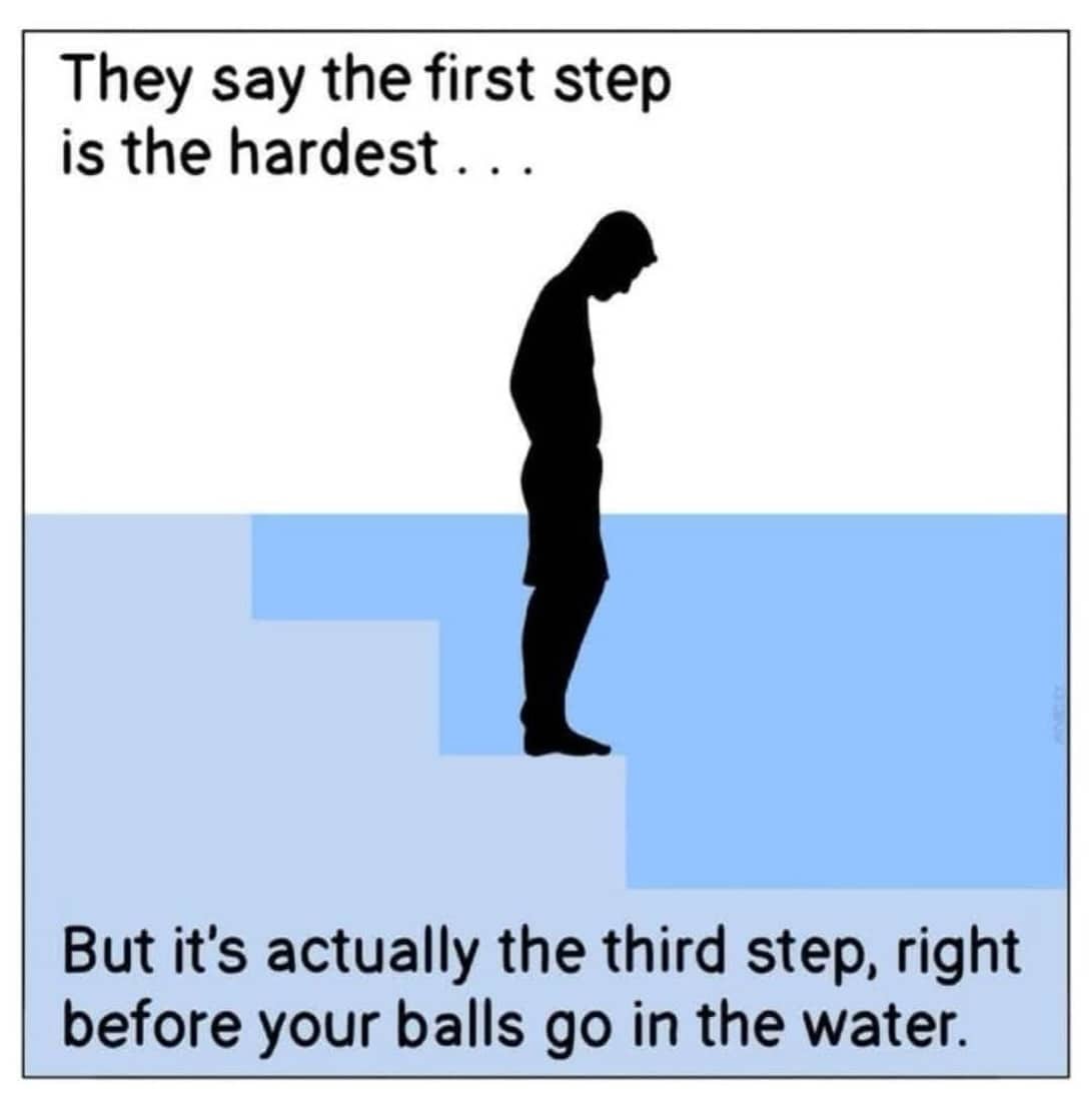 Silhouette diagram illustrating a man walking down pool steps with a funny caption about cold water.