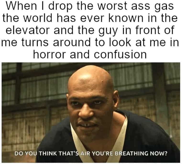 Morpheus from The Matrix meme with a joke about flatulence in an elevator.