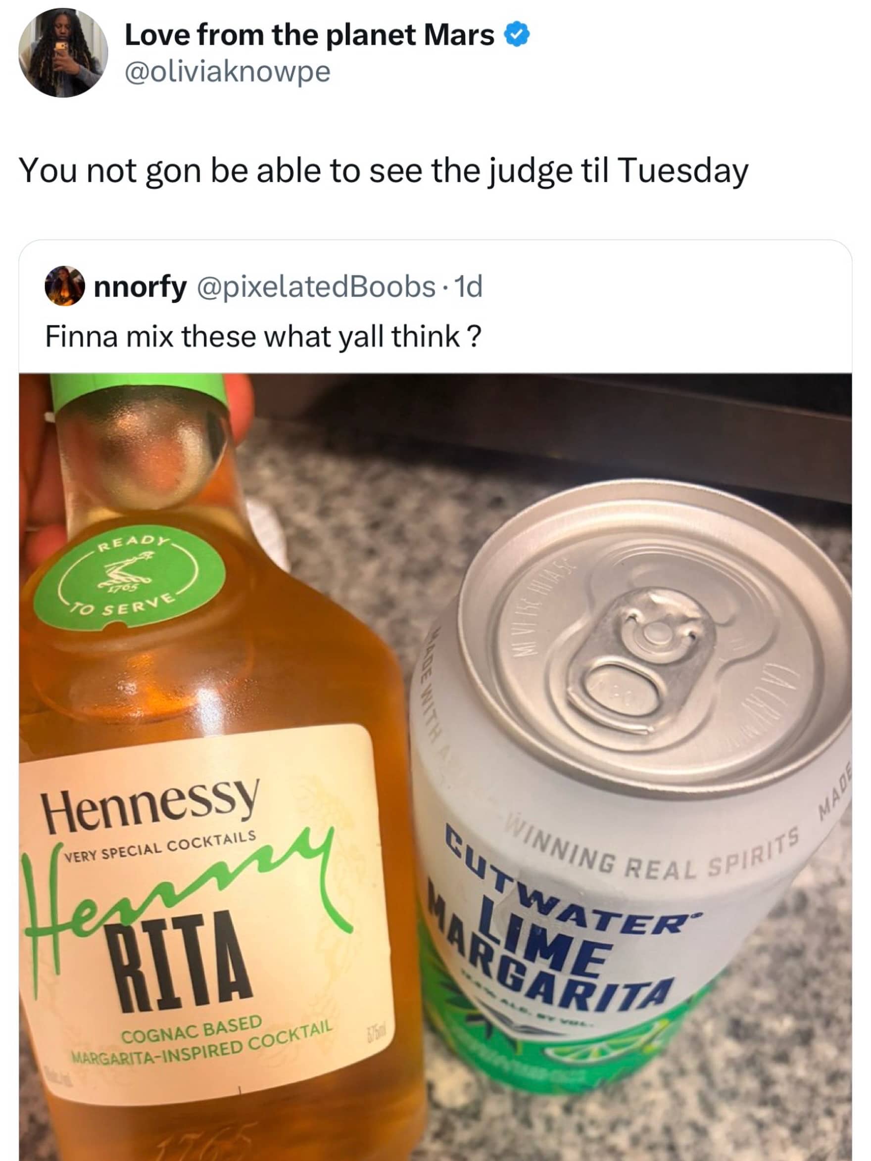Social media post showing a bottle of Hennessy and lime margarita mix with a legal joke.