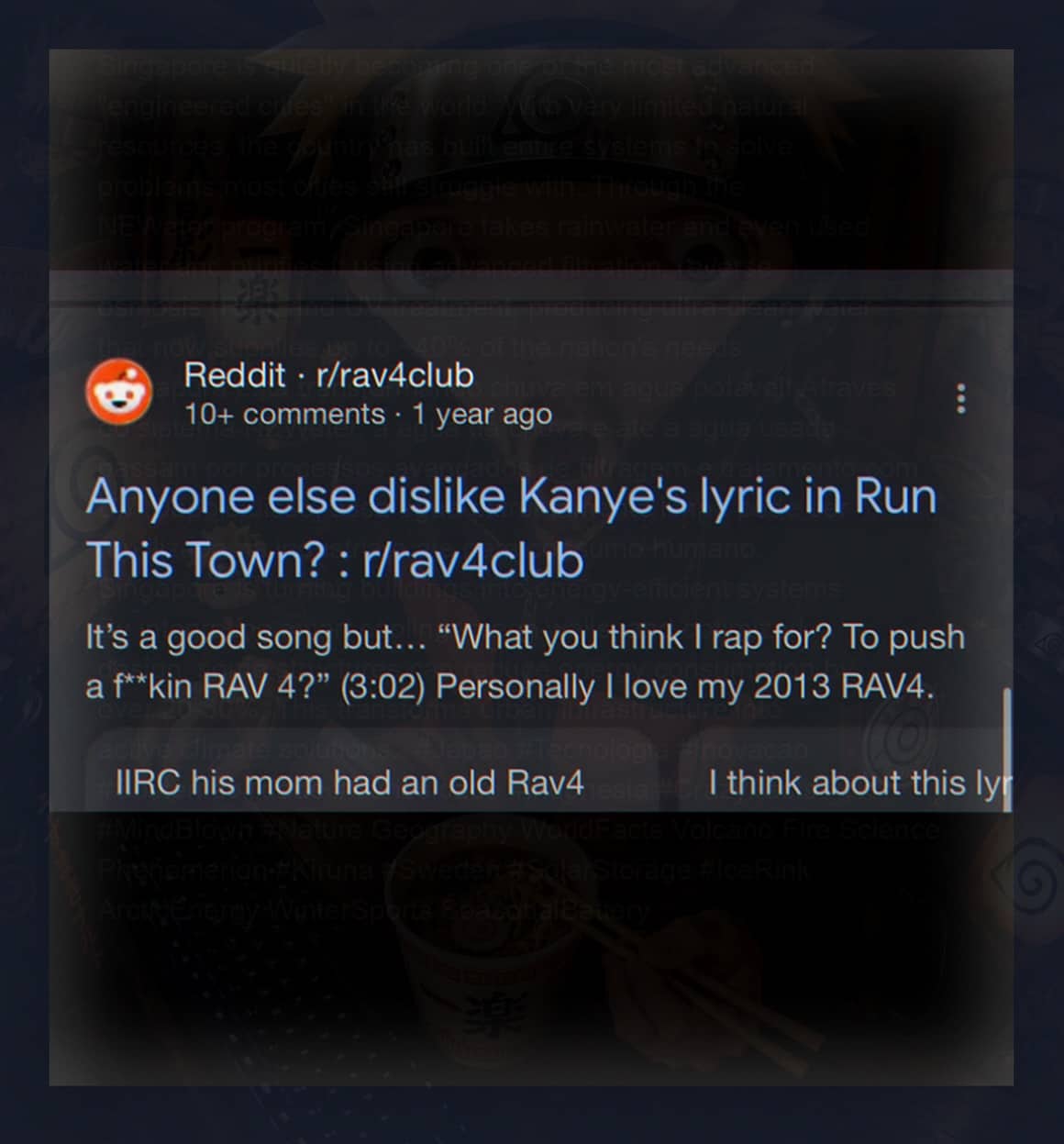 Reddit post from a vehicle forum complaining about a specific Kanye West song lyric about driving.