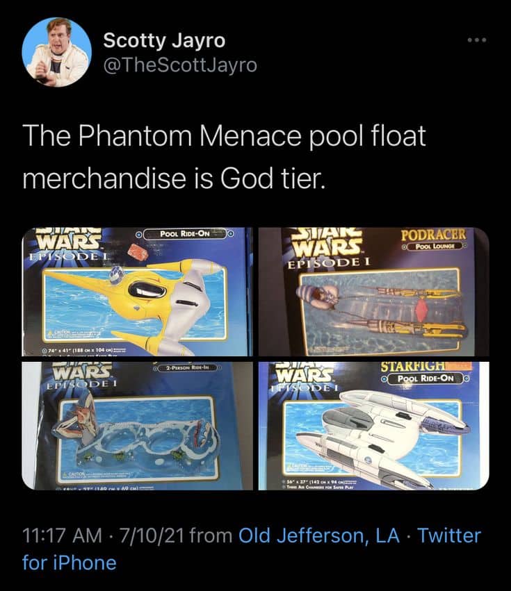 A Twitter post showcasing four different vintage Star Wars Episode I themed pool float merchandise boxes.