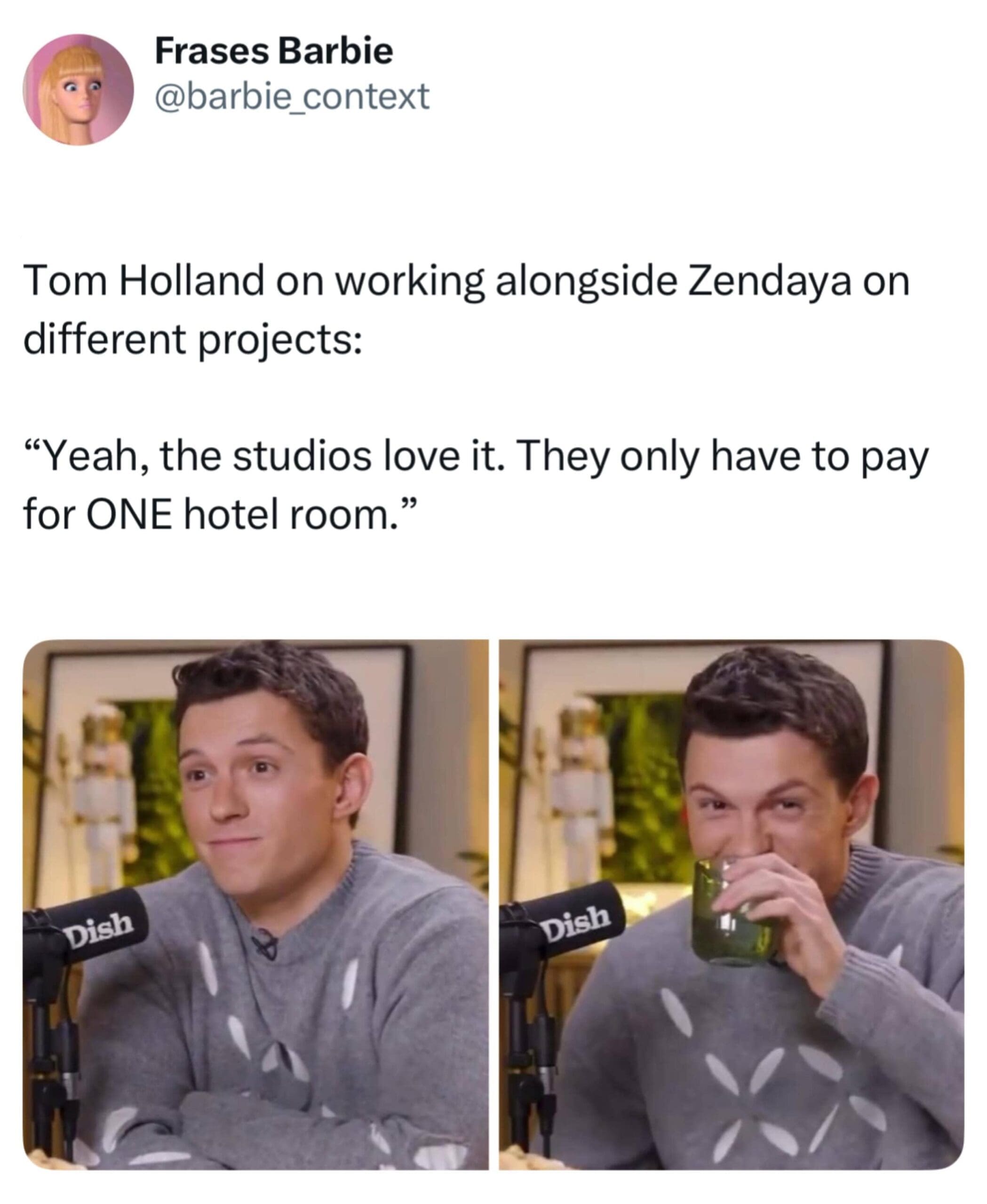 Fake interview quote meme featuring Tom Holland talking about working alongside Zendaya to save money.
