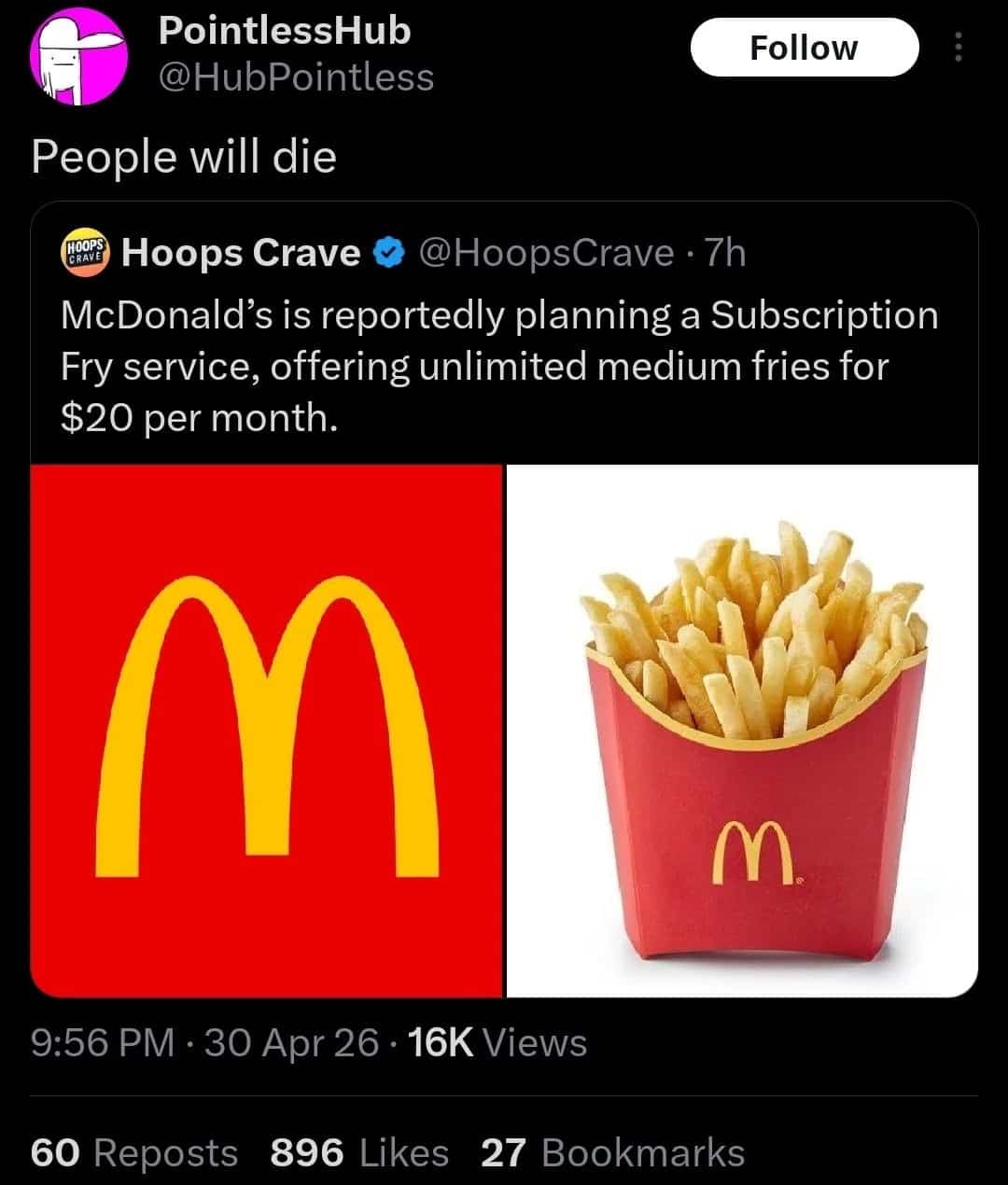 Twitter screenshot discussing a fictional McDonald’s subscription service for unlimited medium fries for twenty dollars.