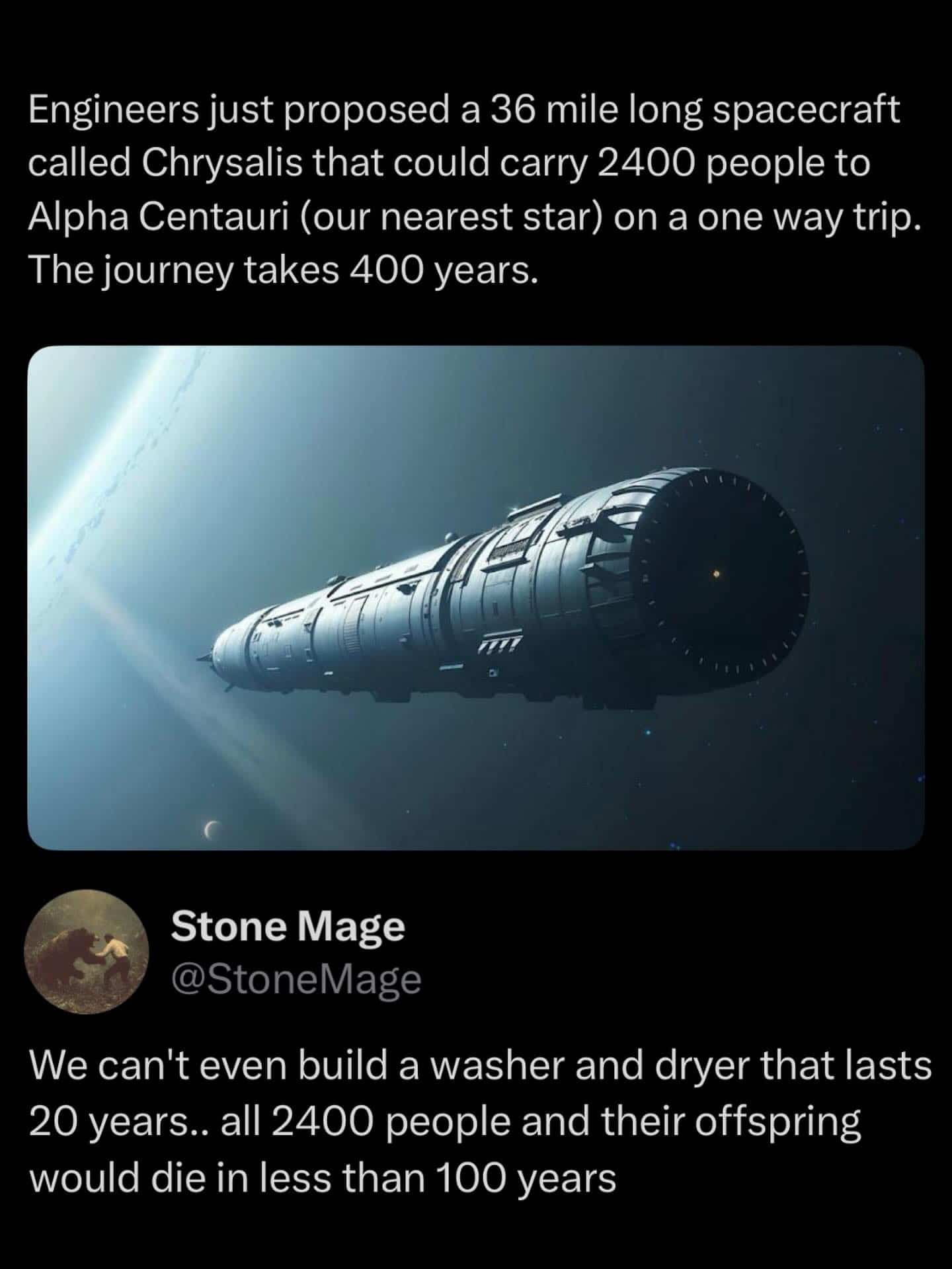 Tweet questioning the reliability of a proposed 400 year spacecraft journey using appliance life spans.