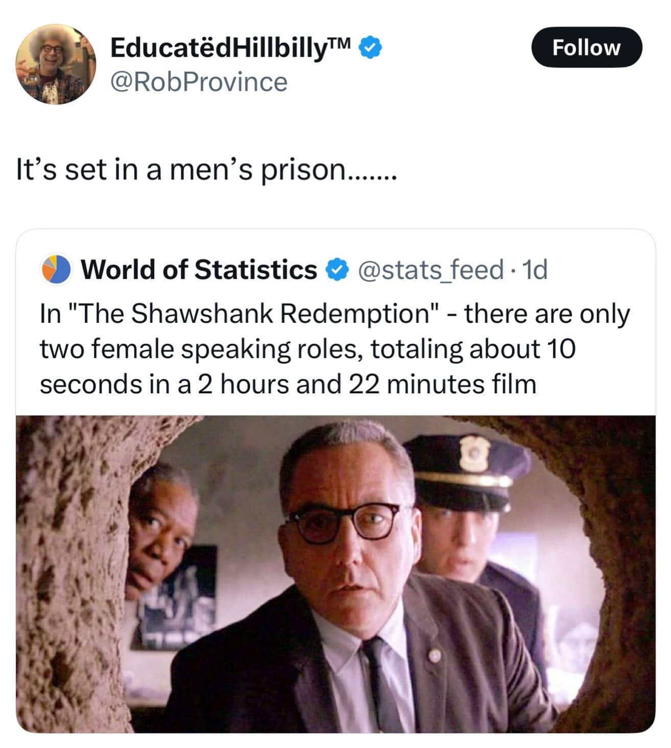 Funny movie meme quoting a stat about female roles in the male prison film Shawshank Redemption.