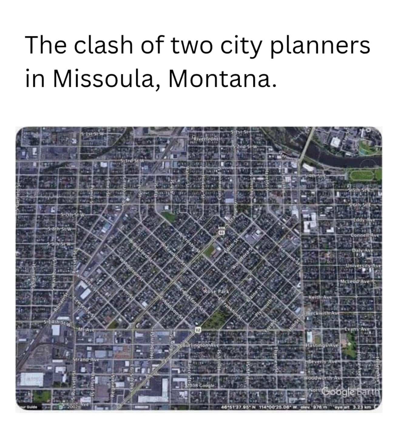 Satellite map showing conflicting diagonal and grid street patterns clashing in Missoula, Montana.