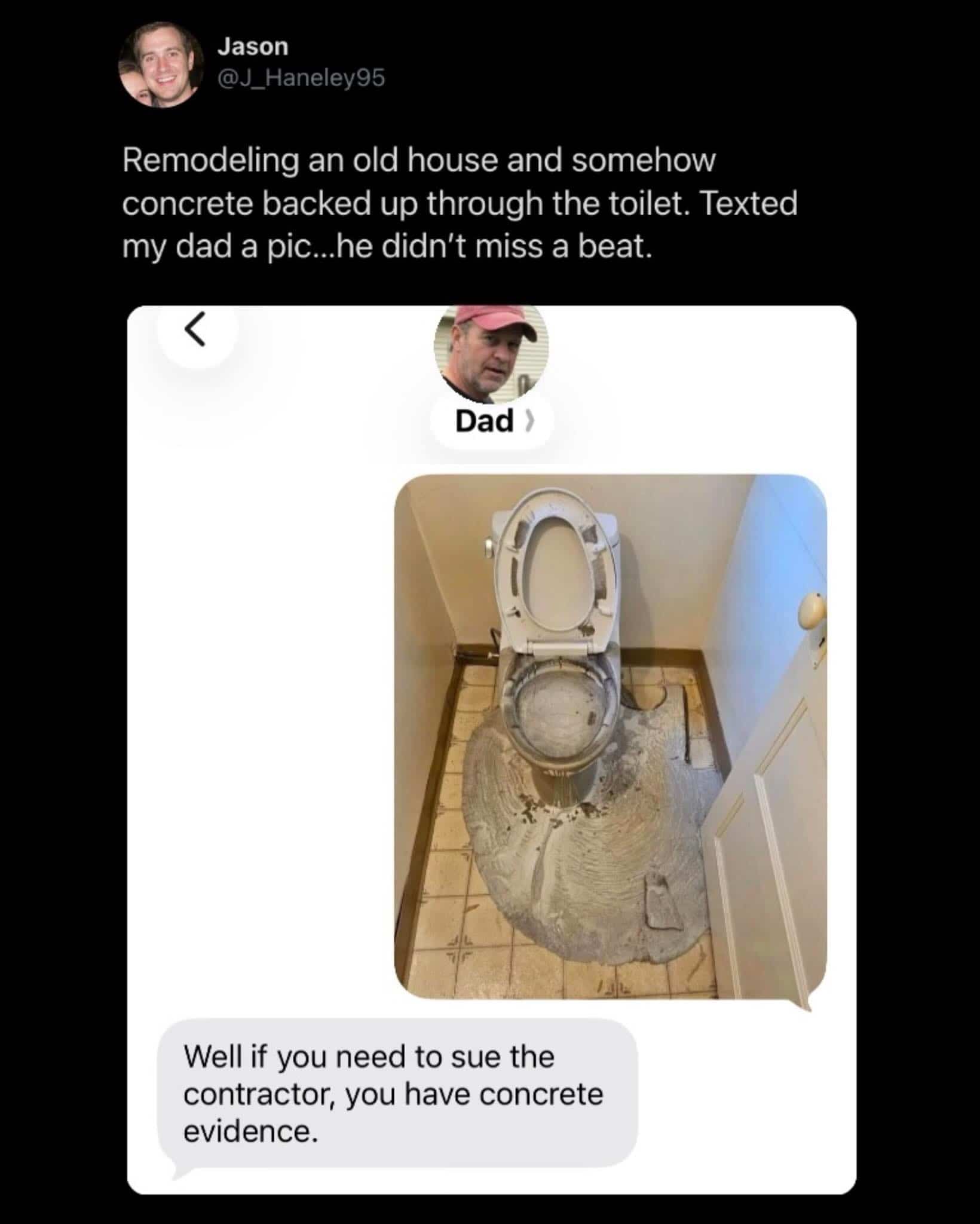 Text message screenshot showing a toilet flooded with wet concrete and a funny dad joke.