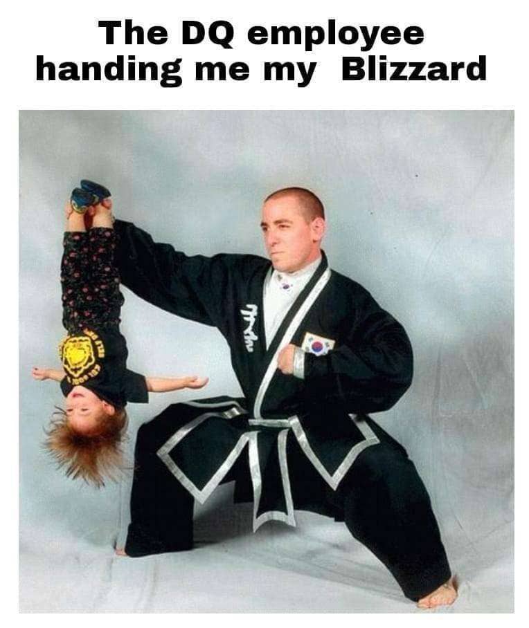 Funny meme comparing a martial artist holding a child upside down to a Dairy Queen employee.