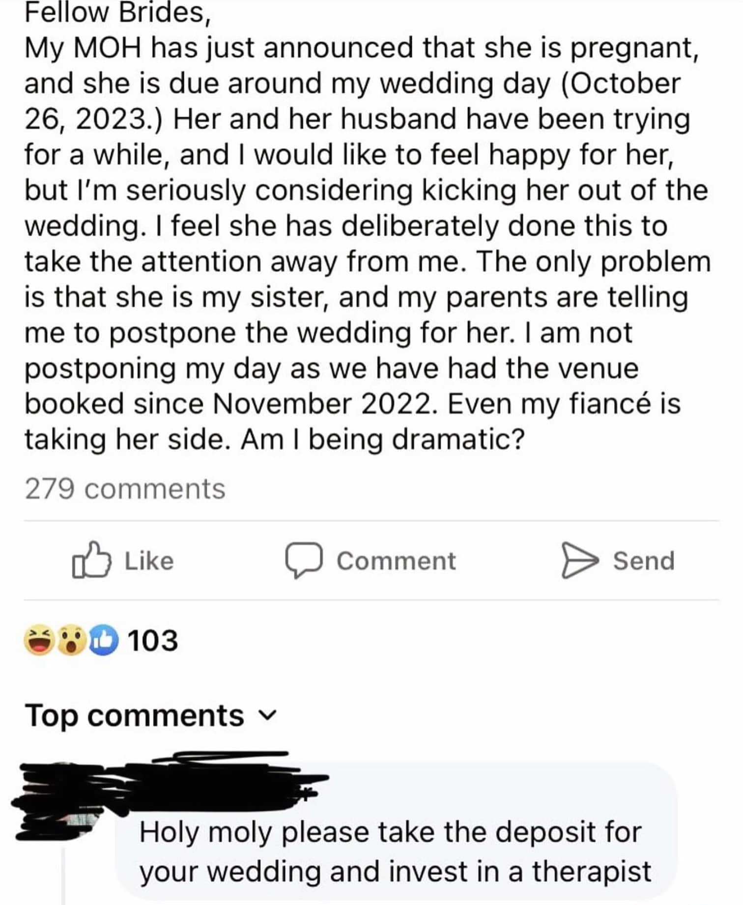 Facebook post screenshot of a bride complaining about her pregnant maid of honor with a therapy reply.