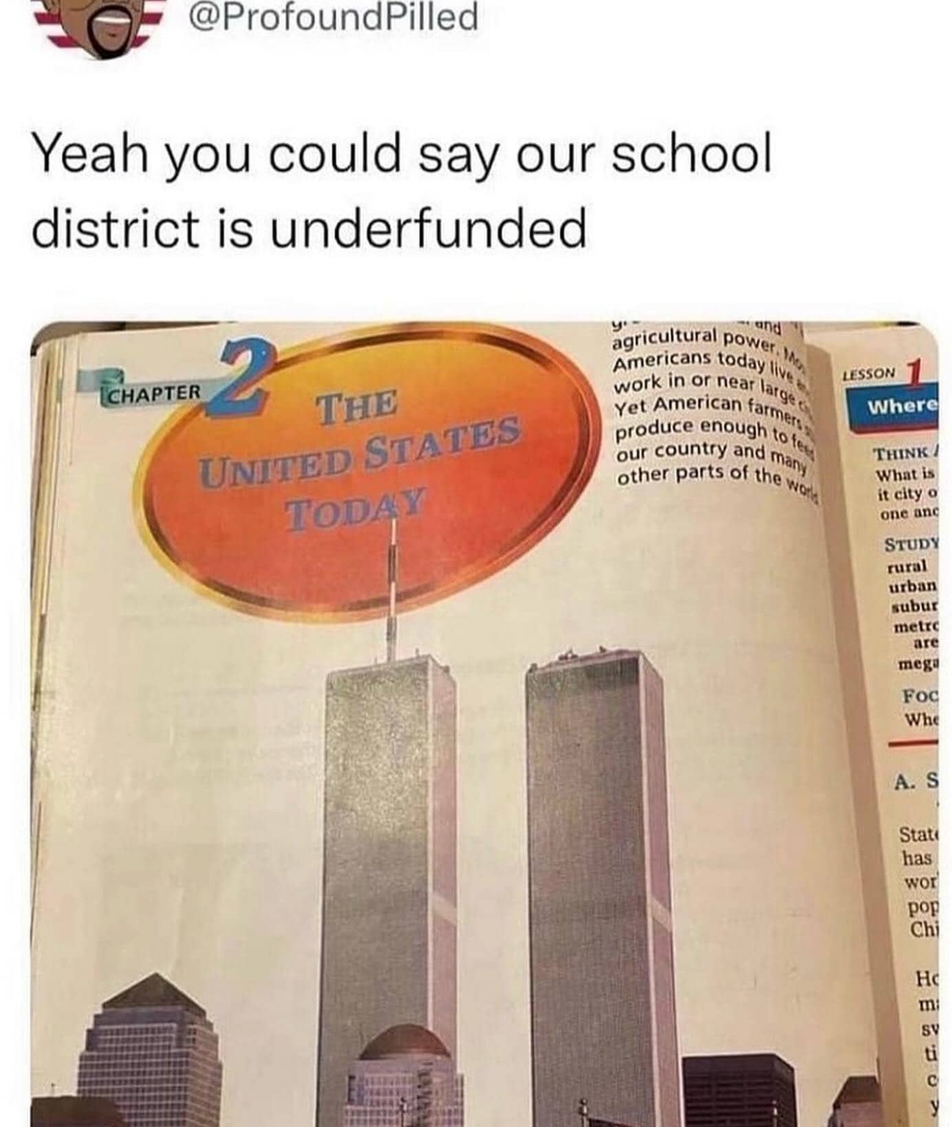 School funding meme showing an old textbook page featuring the pre-9/11 World Trade Center towers.