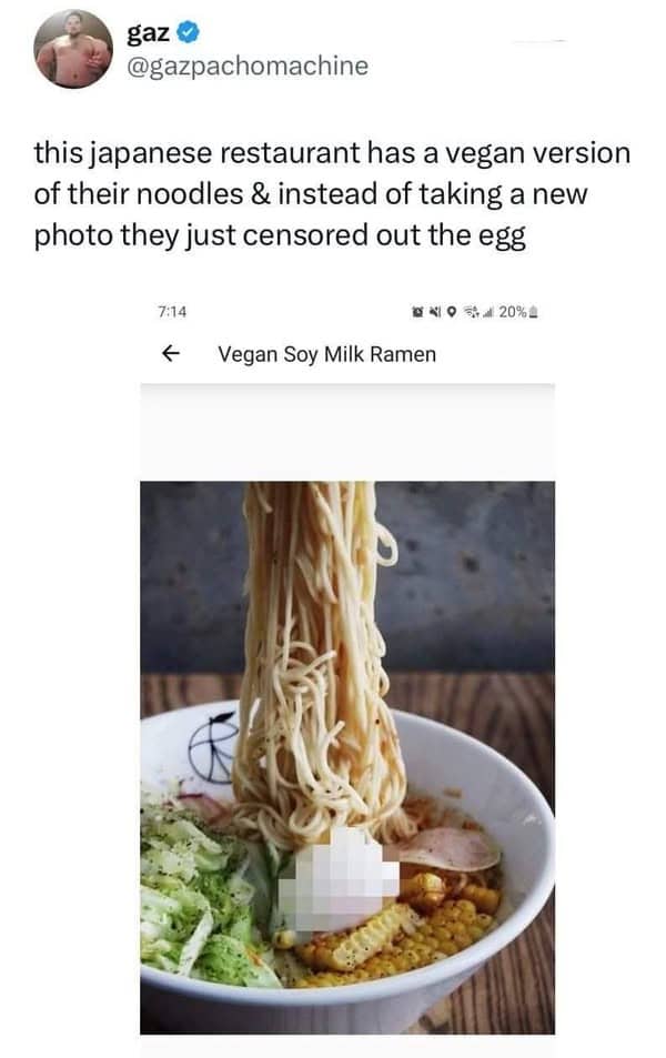 Japanese restaurant menu showing vegan ramen with the egg crudely censored using a pixelated blur.