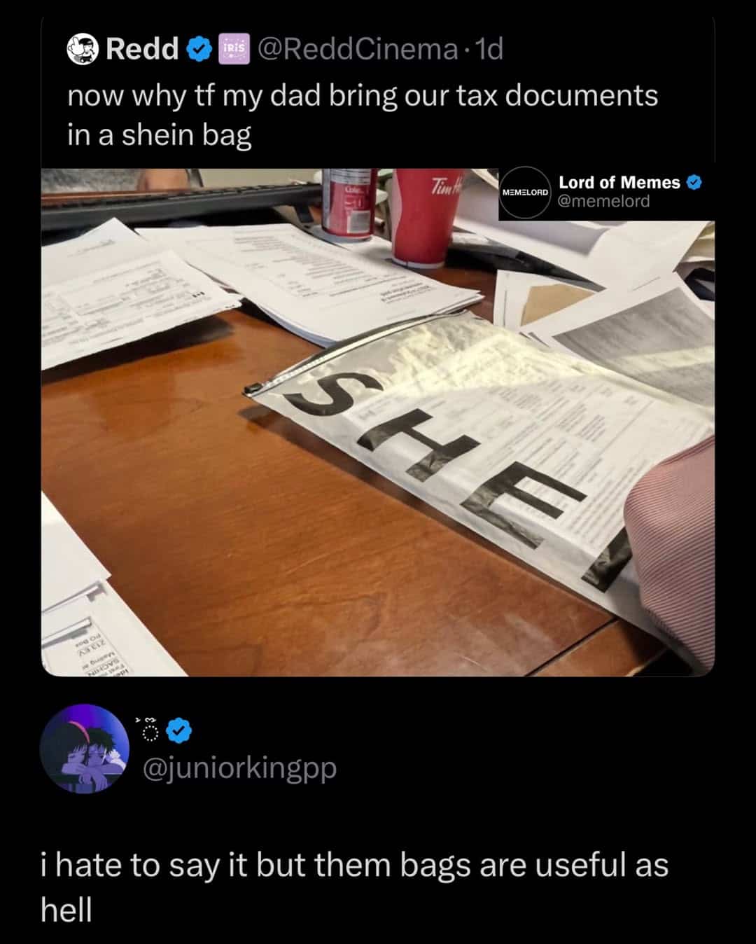 Post showing tax documents organized inside a reusable plastic zip top Shein clothing bag.