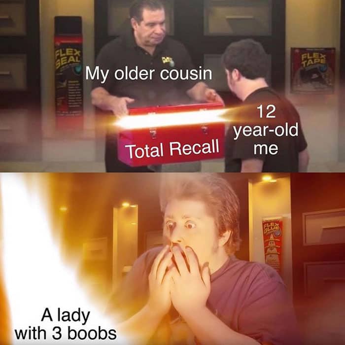 A Phil Swift Flex Seal meme format illustrating a young kid discovering the movie Total Recall.