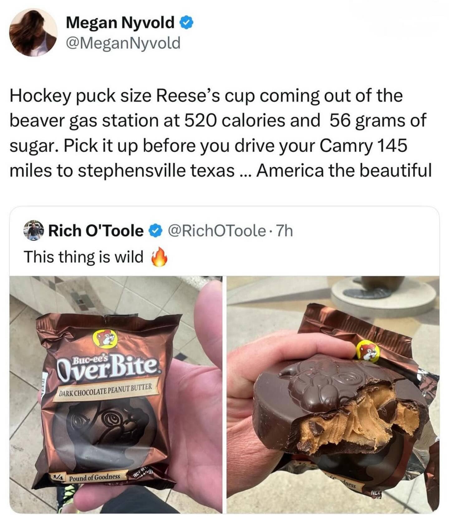 Megan Nyvold post showing a massive Buc-ee's Overbite peanut butter cup with high calorie counts.