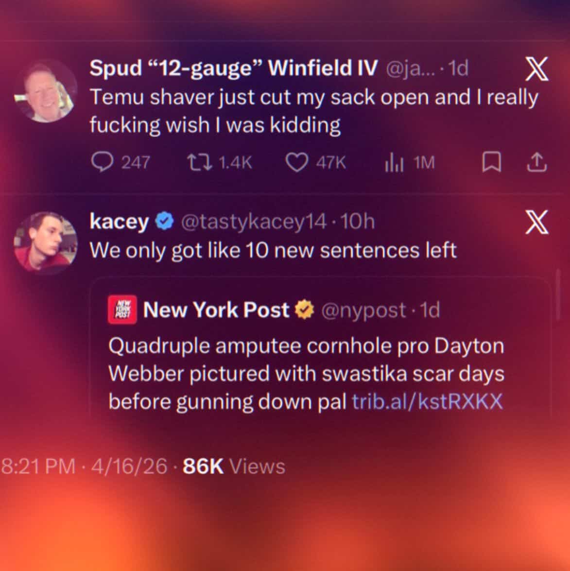 Compilation of bizarre social media posts including a Temu shaver accident and news headlines.