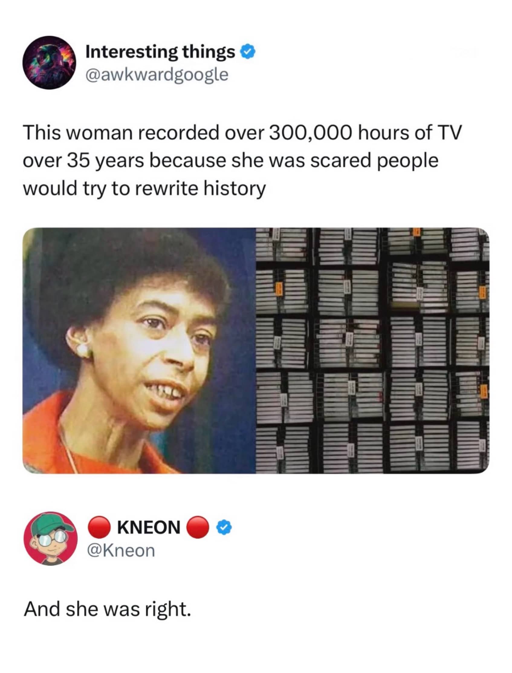 Interesting historical fact meme about Marion Stokes recording television news to prevent history from being rewritten.