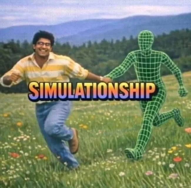 Man holding hands and running through a field with a green wireframe grid figure titled simulationship.