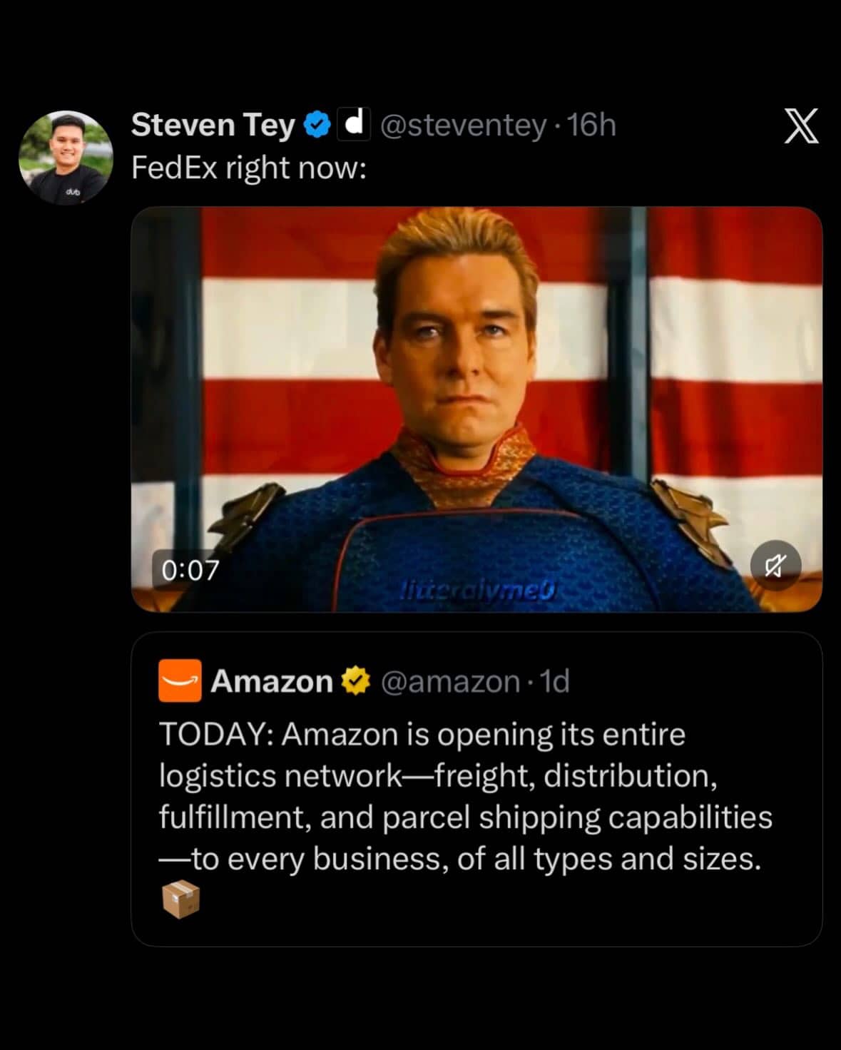 Post comparing Amazon’s logistics expansion to the Homelander meme, suggesting FedEx is in trouble.