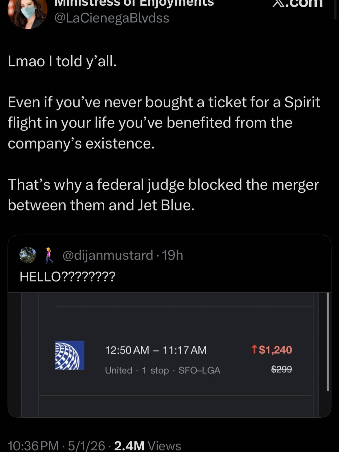 Twitter thread meme discussing the Spirit Airlines and JetBlue merger block and rising United Airlines flight prices.