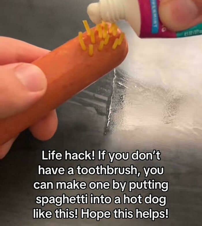 Cursed food image meme showing spaghetti noodles stuck into a hot dog with toothpaste.
