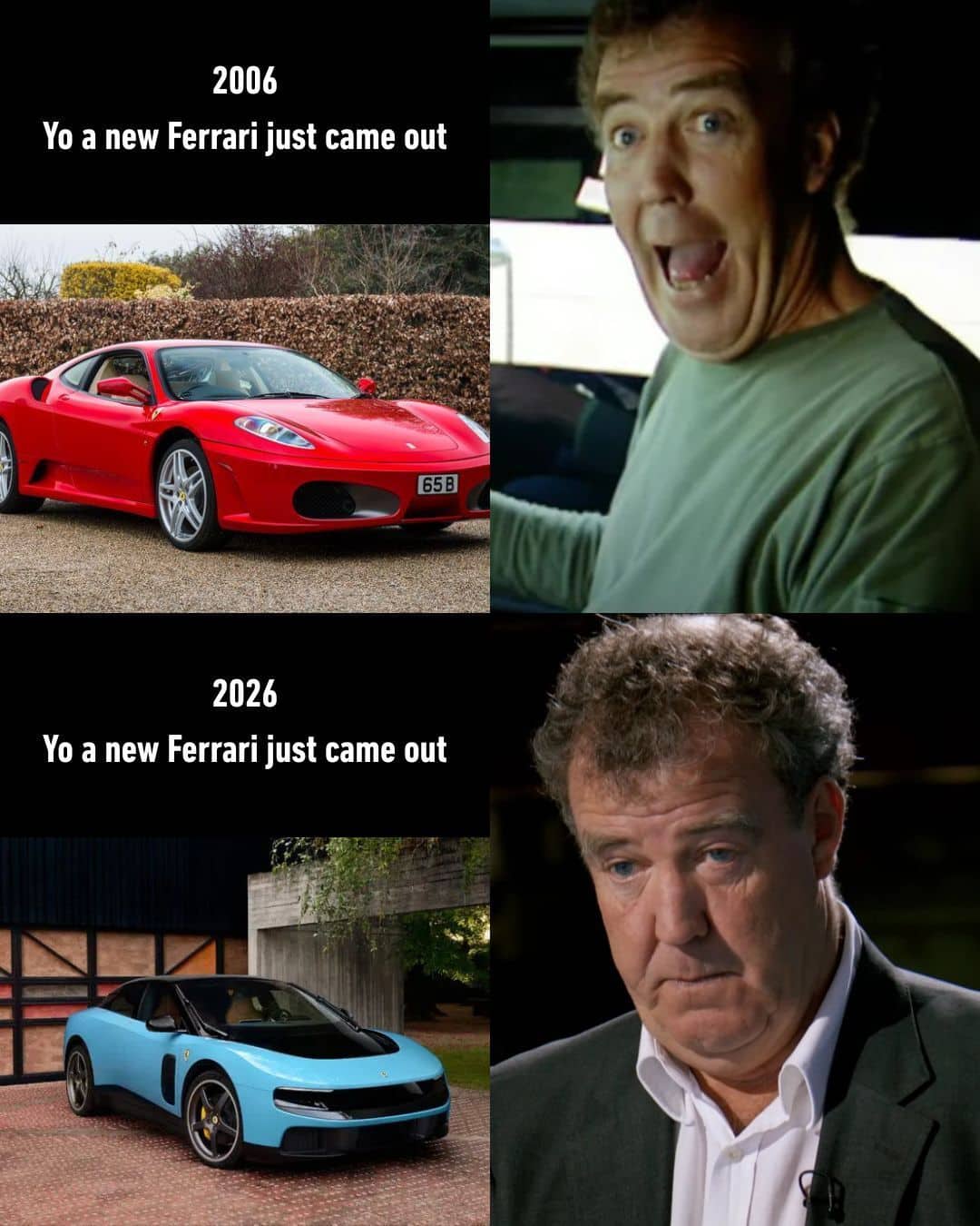 Car meme featuring Jeremy Clarkson comparing an exciting 2006 Ferrari to a disappointing 2026 model.