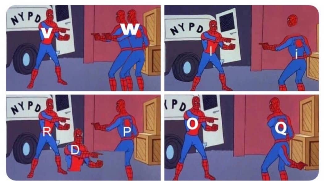 Letter typography meme using the classic Spiderman pointing meme to joke about confusingly similar letters.