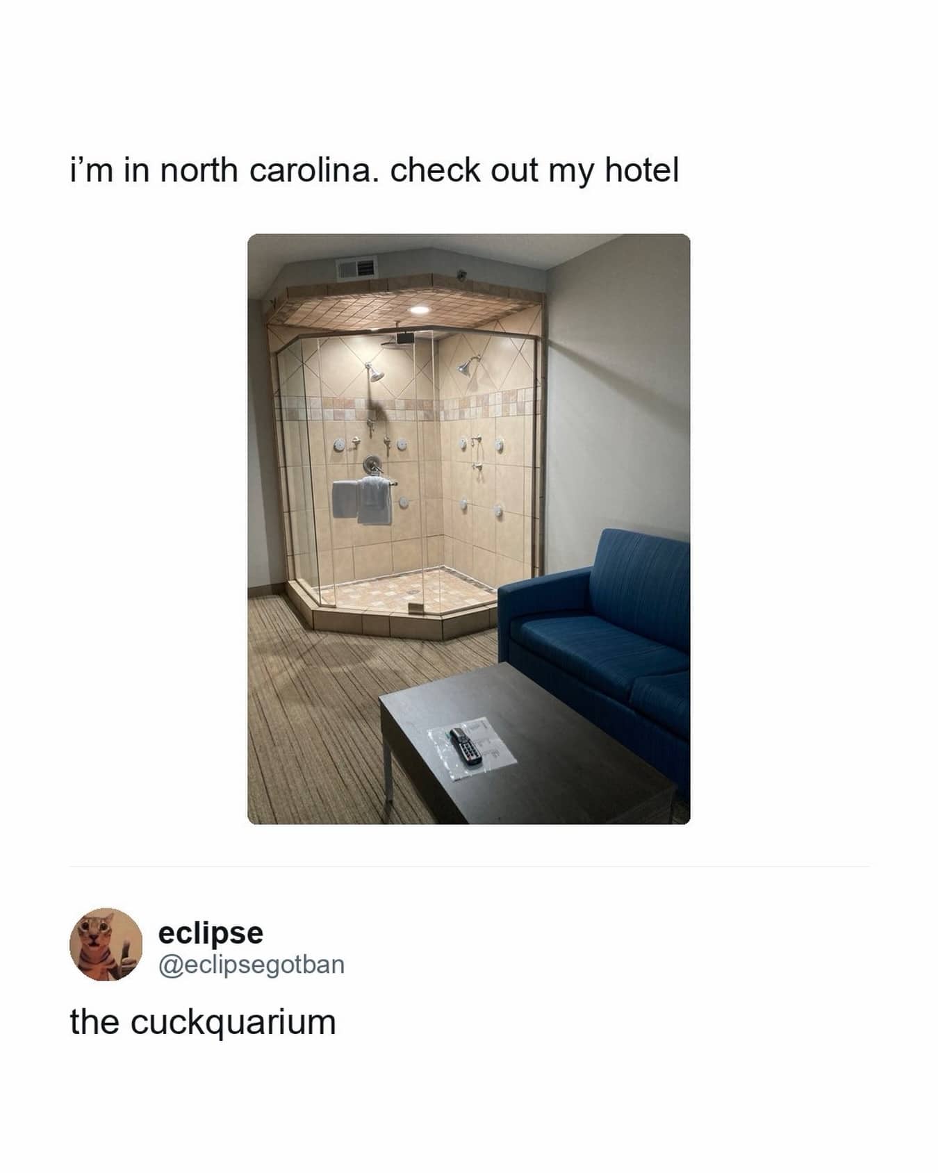Funny hotel review meme showing a bizarre glass shower enclosure sitting directly in the living room.