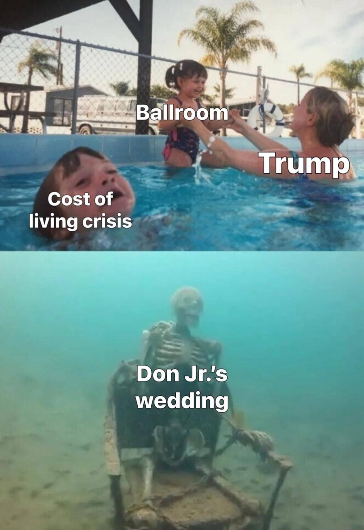 Drowning pool meme template labeled with the cost of living crisis and political wedding news.