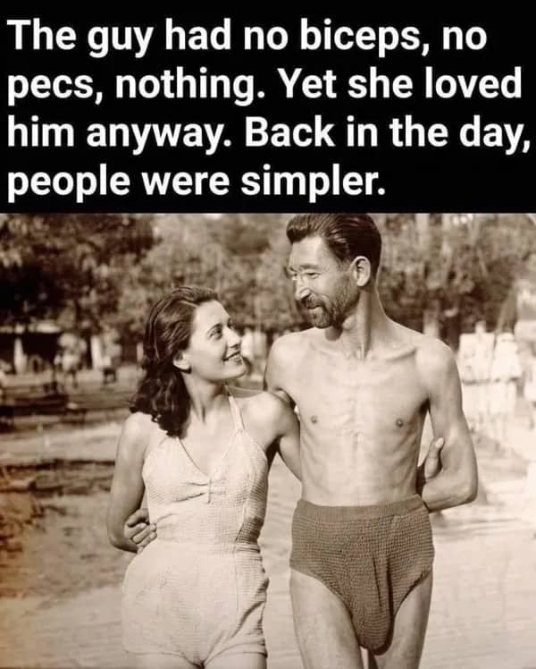 Vintage photo of a couple with text joking about simple beauty standards and lack of muscles.