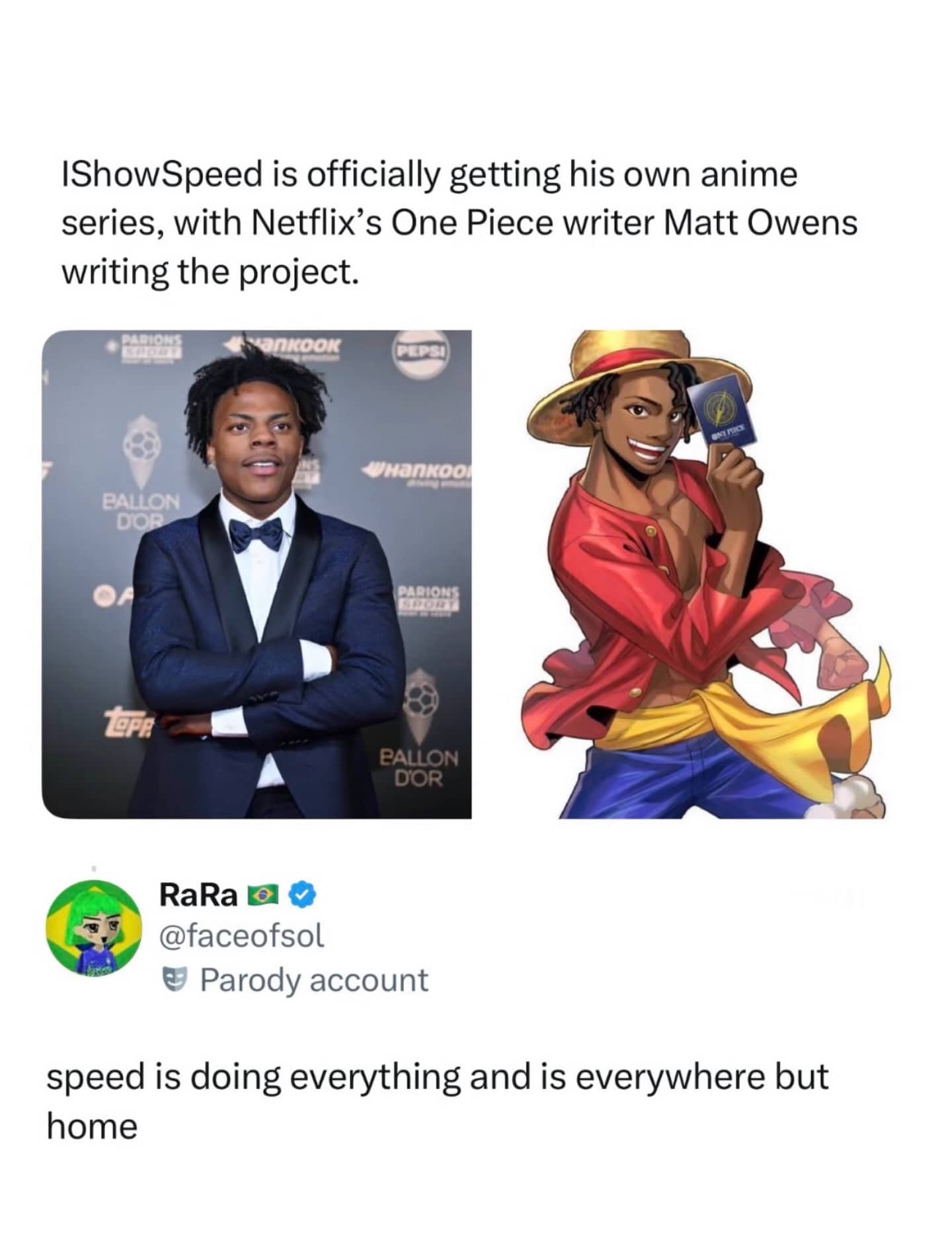 Meme discussing IShowSpeed getting an anime series, featuring a side-by-side comparison of the streamer and his character.